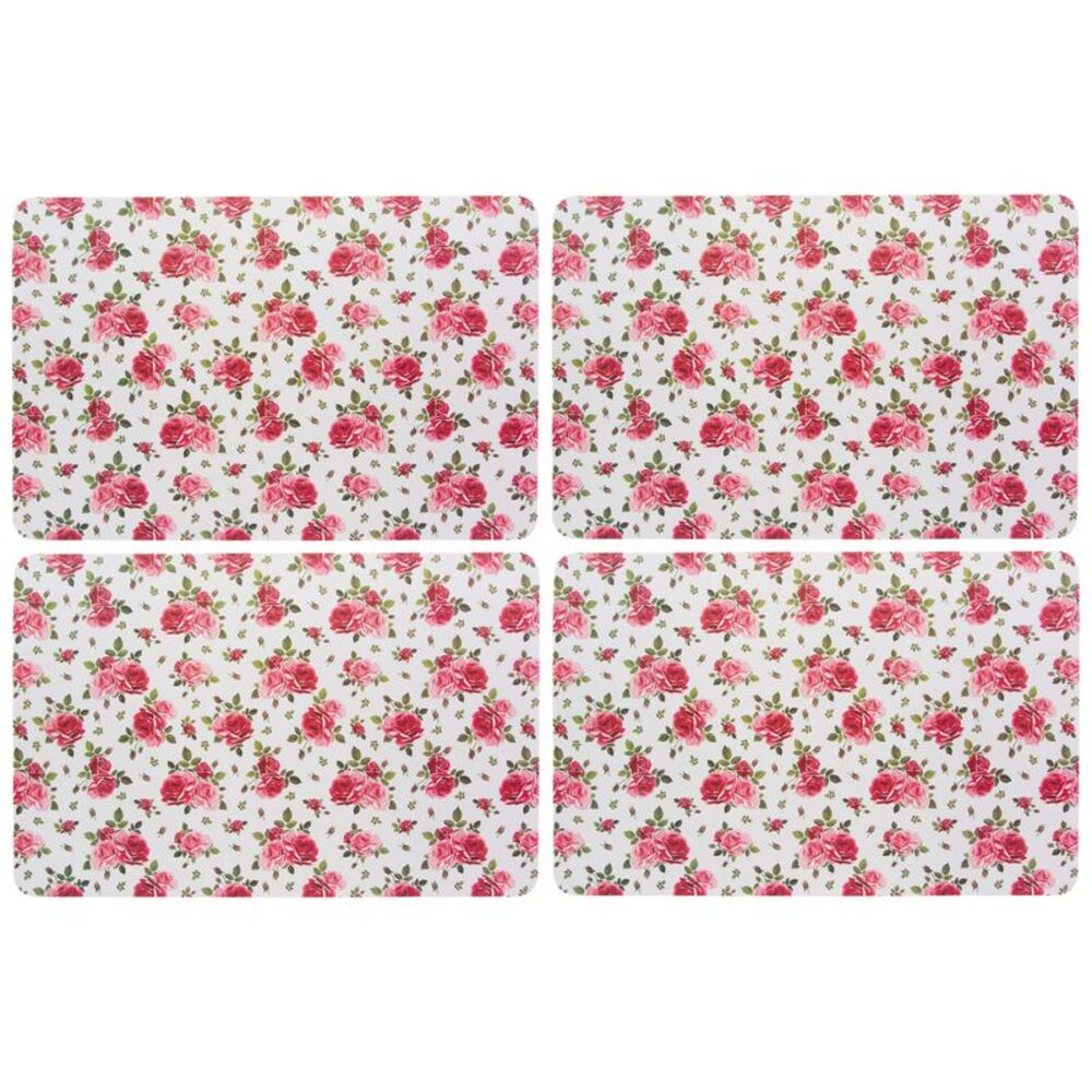 Pink Roses White Reversible Easy Clean Placemat 4pc Set